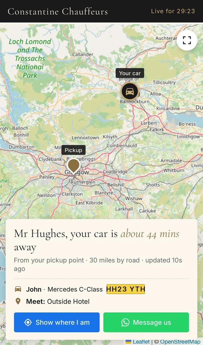 Live tracking page showing a Mercedes C-Class on the map with chauffeur name, number plate and arrival time