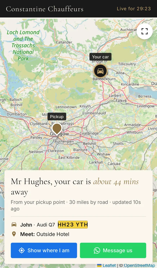 Live tracking page showing a Audi Q7 on the map with chauffeur name, number plate and arrival time