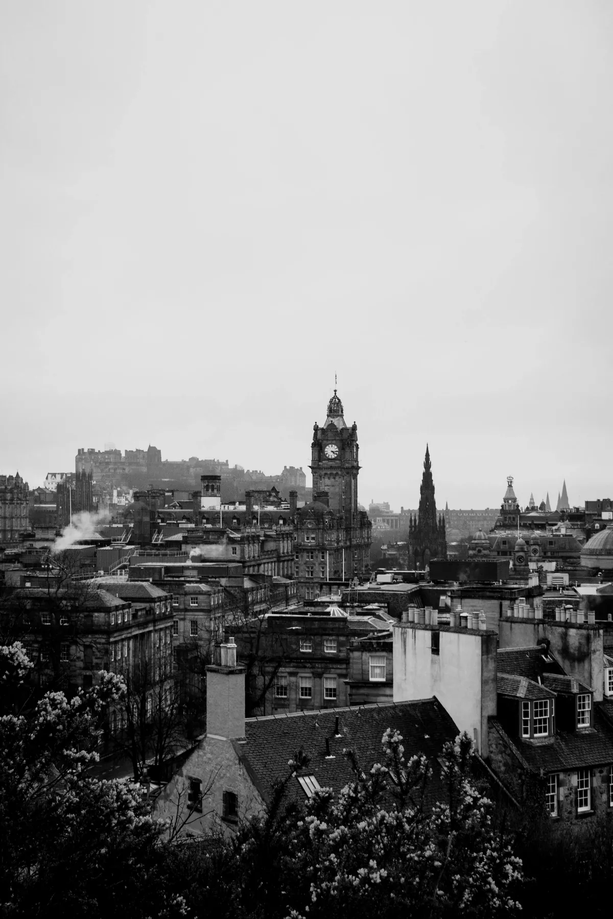 Edinburgh skyline with the Balmoral clock tower and the castle beyond