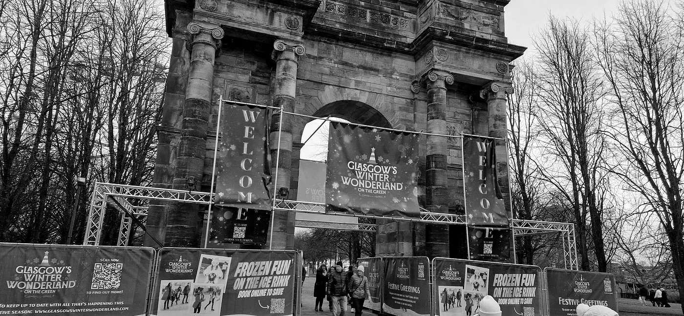 Entrance to Glasgow's Winter Wonderland at the McLennan Arch, Glasgow Green