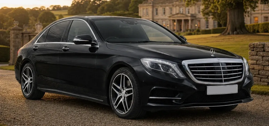 Mercedes-Benz S-Class at a country estate, front three-quarter exterior view