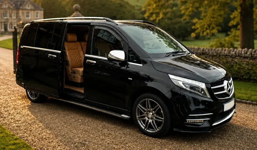 V-Class at a country estate with the sliding door open, revealing the leather cabin