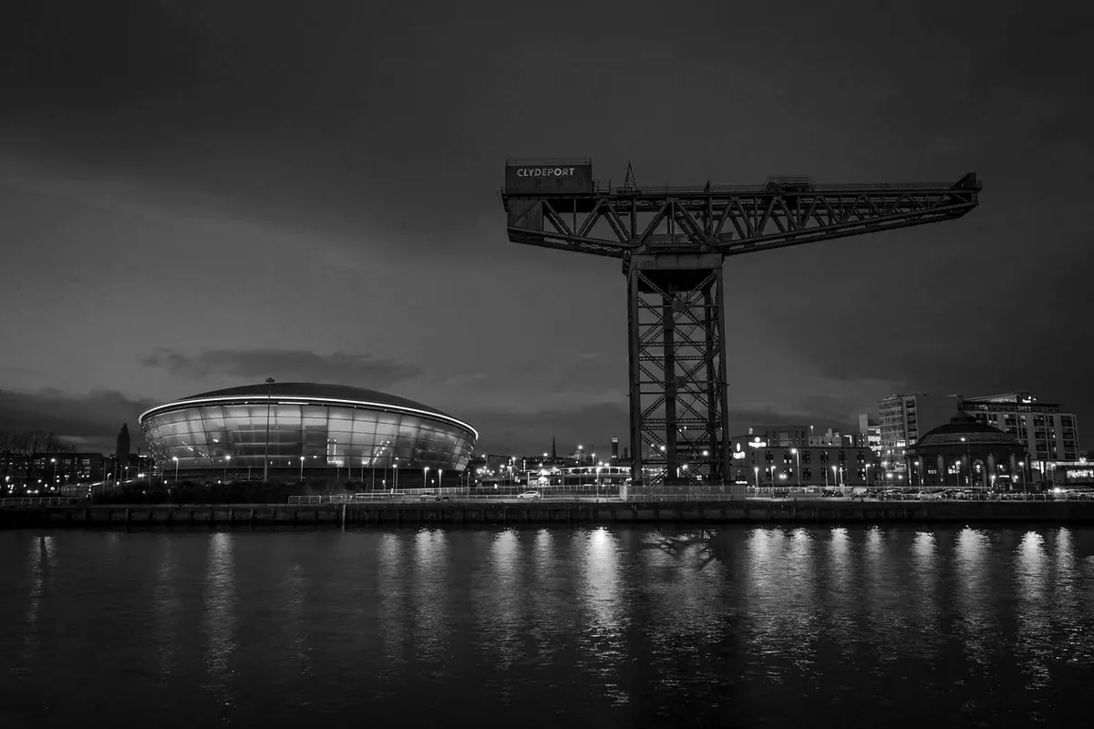 The OVO Hydro and Finnieston Crane in Glasgow at night