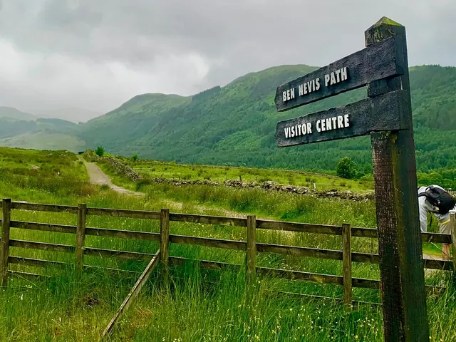The signpost for the Ben Nevis path in Glen Nevis, near Fort William