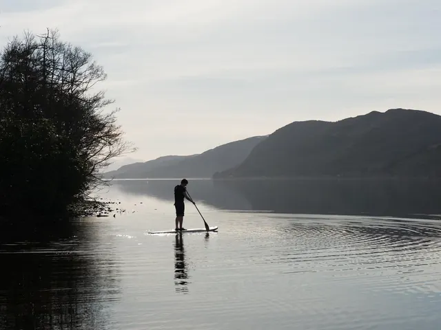 A paddleboarder on a still Loch Ness