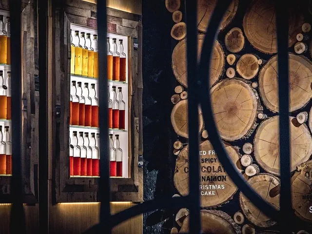 Whisky bottles on display at the distillery shop